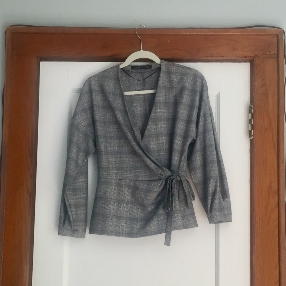 Zara Grey Plaid Tie Waist Shirt